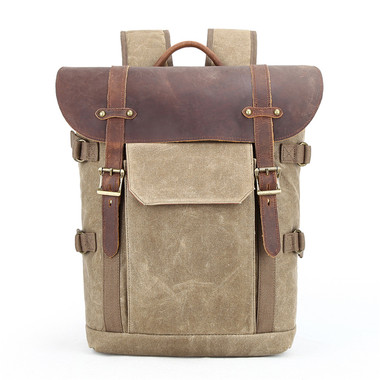 Vintage Genuine Leather Waxed Canvas Waterproof Camera Backpack